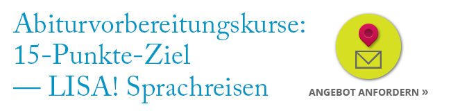 Abiturvorbereitungskurse: 15-Punkte-Ziel — LISA! Sprachreisen. Rechts gelbes Symbol mit pinkem Ortungsmarker und Briefumschlag, darunter: Angebot anfordern.